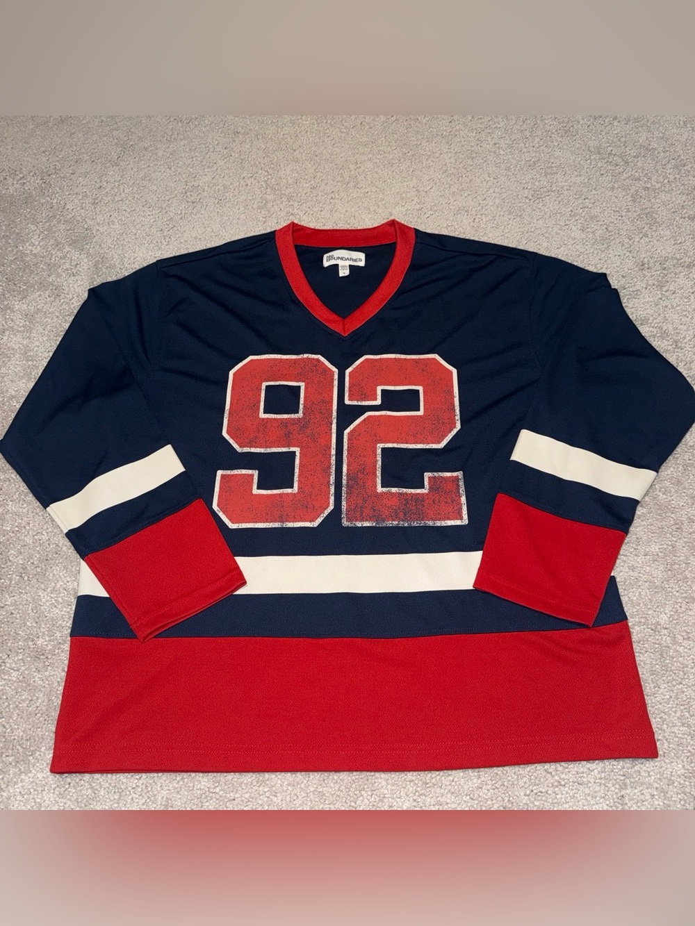 No Boundaries Navy and Red Hockey-Style Jersey with 92 Graphic